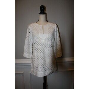 MICHAEL KORS White Cotton Eyelet Top 3/4 Sleeve Blouse Coverup Size 6 Tunic
